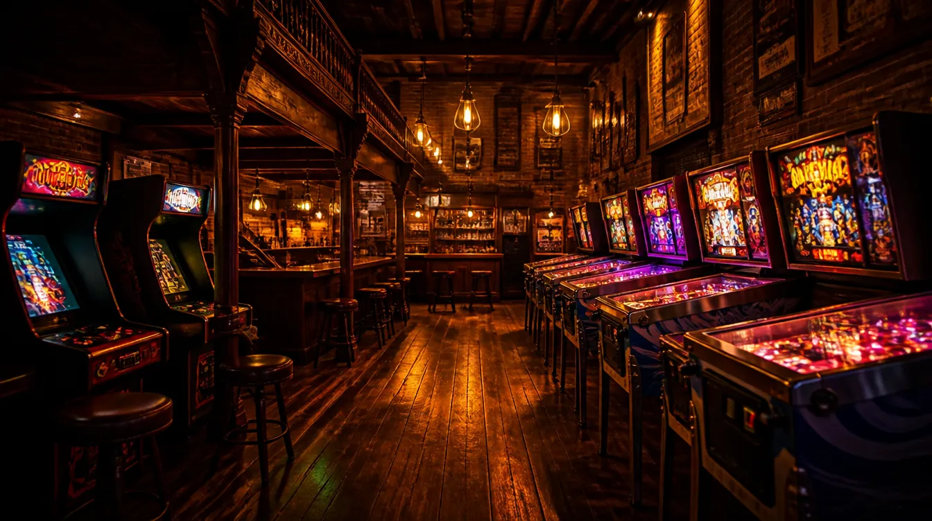 Pinball machines and arcade cabinets glowing inside The Kal