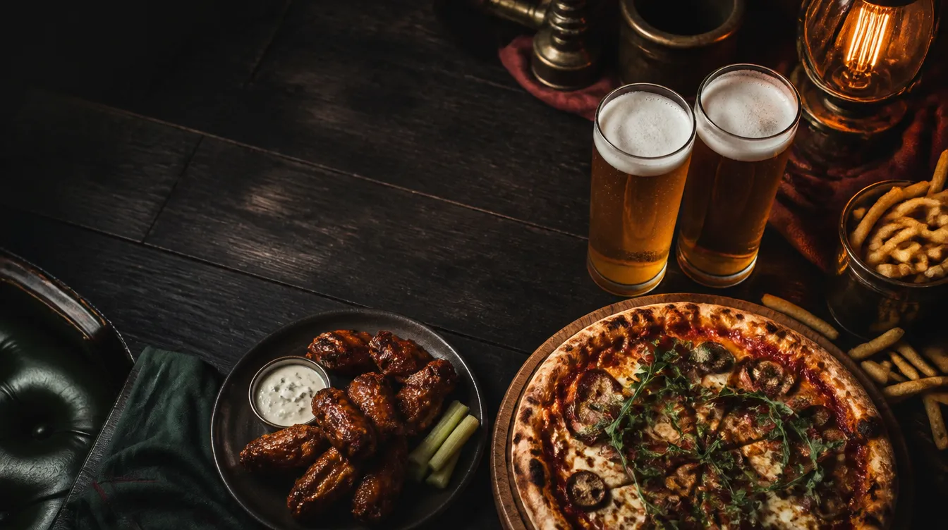 Pizza, wings and cold pints on a dark wood table at The Kal
