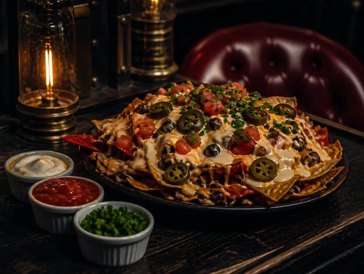 Loaded nacho tray with white cheese sauce