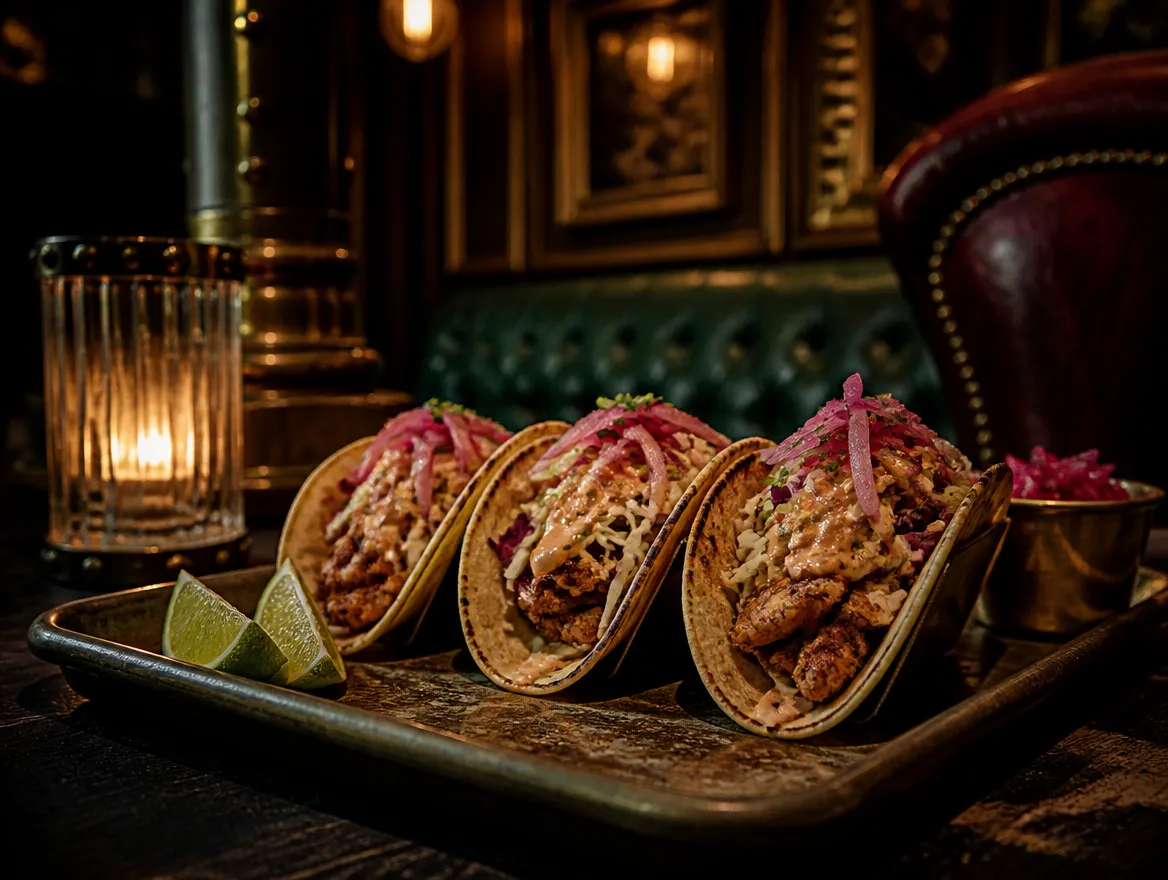 Three street tacos on a metal tray