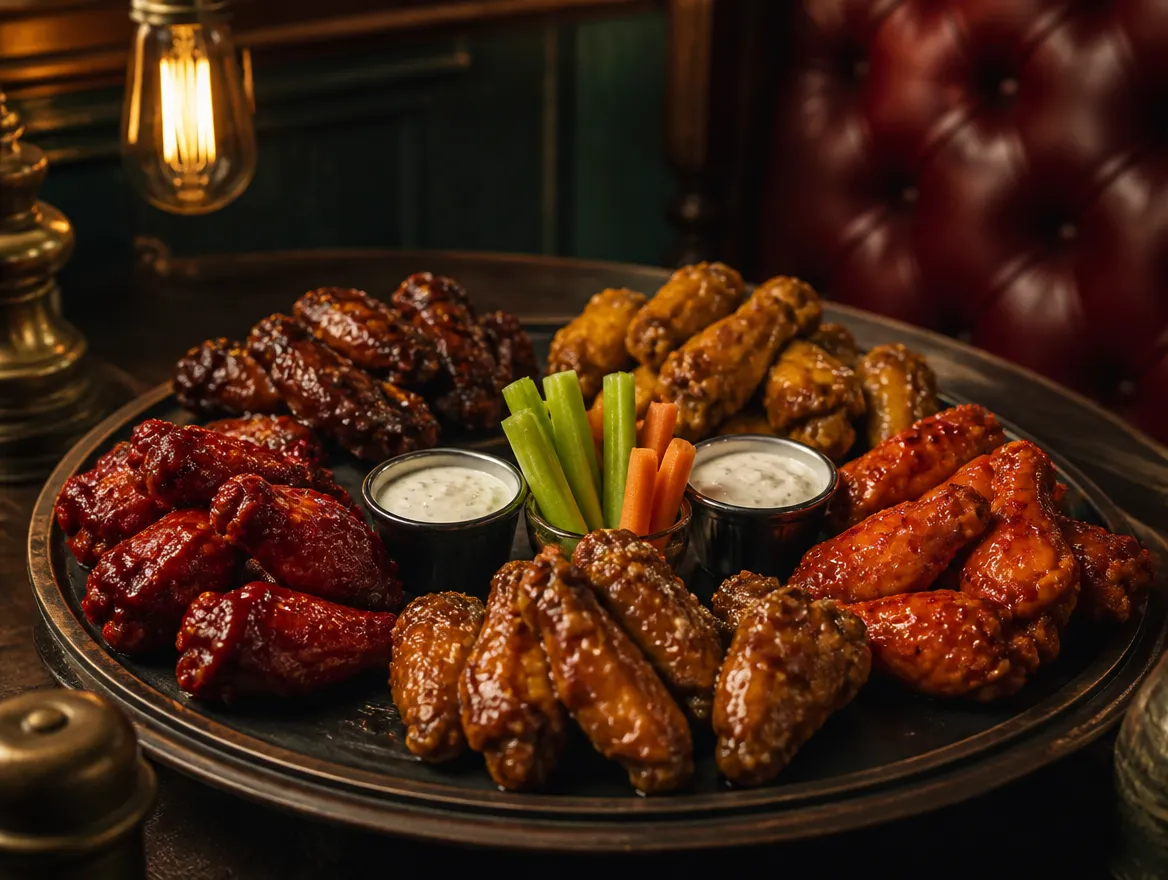 Platter of Kal wings in five different sauces with ranch dip